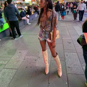 Nude croc over the knee mid heel boot